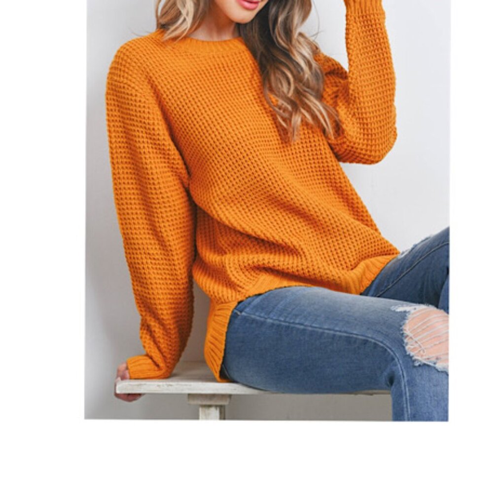 NWOT Zenana Hi- Low Long Sleeve Round Neck Waffle Sweater in Golden Mustard